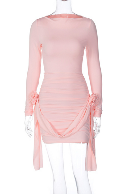 Vacation Patchwork Ruched Flower Shape O Neck Wrapped Skirt Dresses