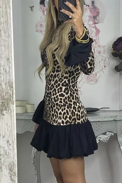 Street Leopard Patchwork Ruffle Half a Turtleneck Mini Dresses
