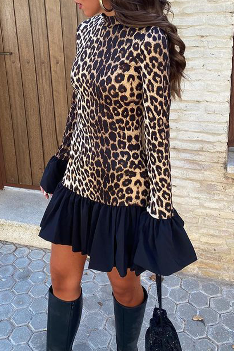 Street Leopard Patchwork Ruffle Half a Turtleneck Mini Dresses