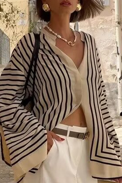 Stripe Buttons Slit Contrast O Neck Blouses
