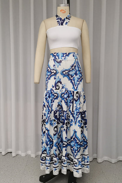 Vacation Print Lace Up Patchwork Ruffle Halter Sleeveless Two Pieces