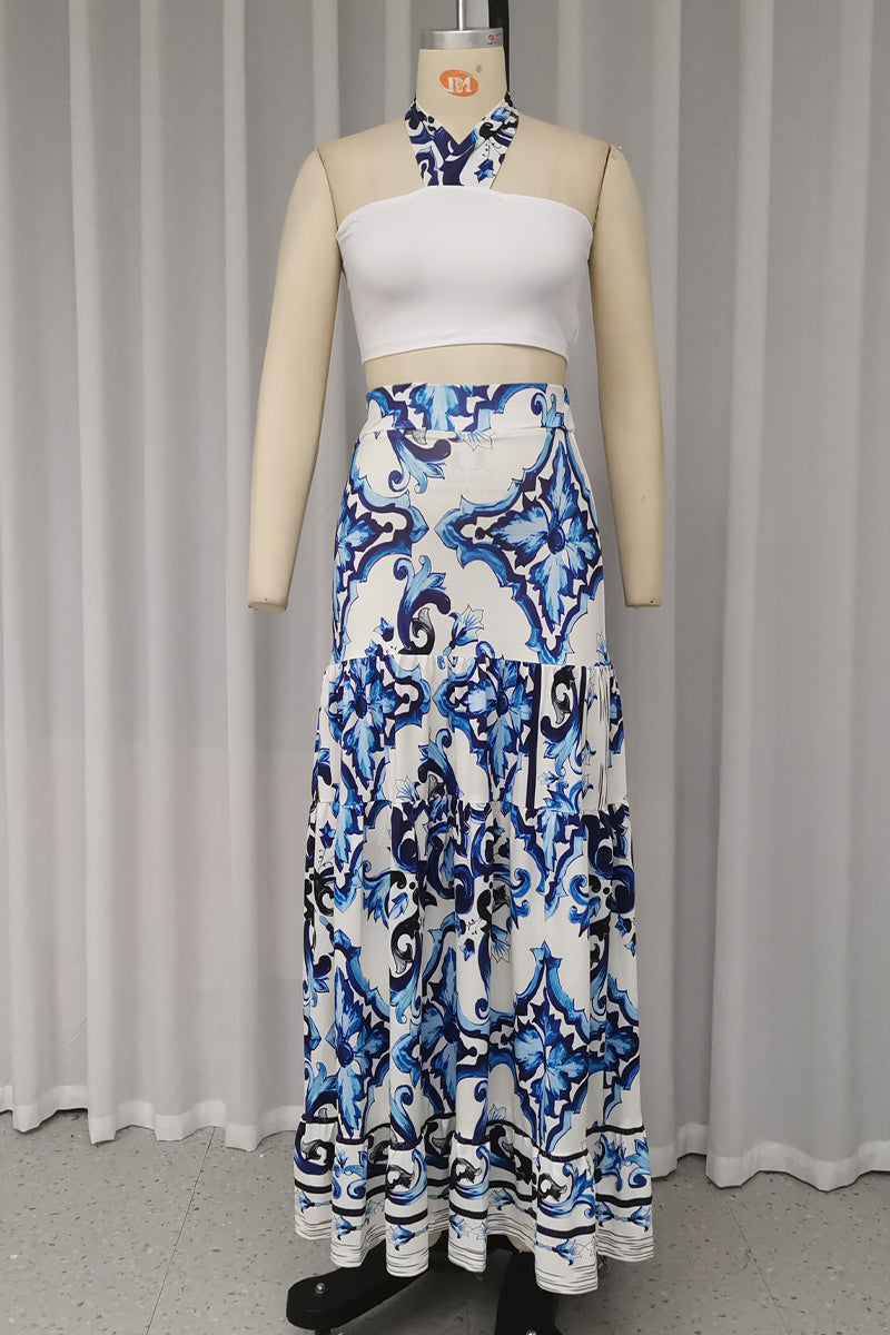 Vacation Print Lace Up Patchwork Ruffle Halter Sleeveless Two Pieces