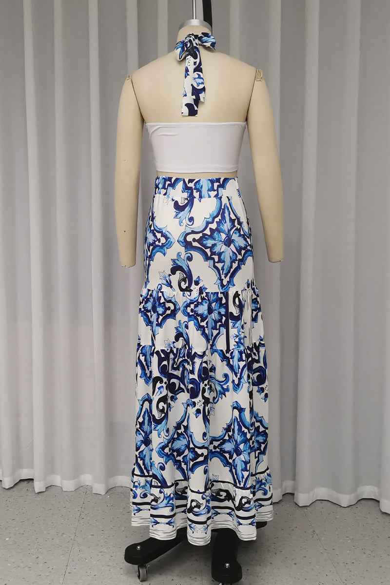 Vacation Print Lace Up Patchwork Ruffle Halter Sleeveless Two Pieces
