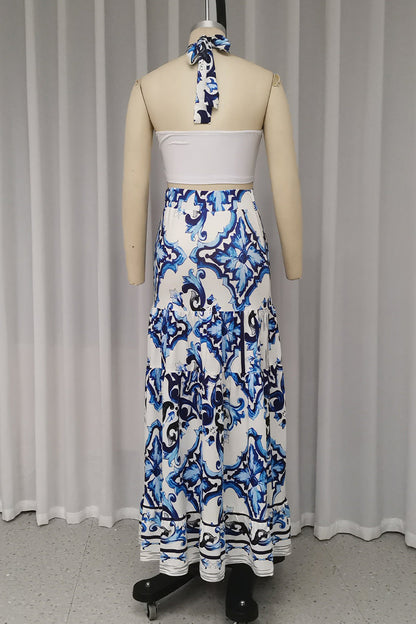 Vacation Print Lace Up Patchwork Ruffle Halter Sleeveless Two Pieces