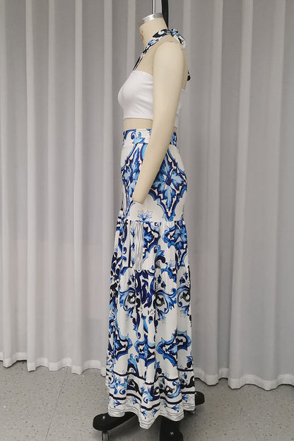 Vacation Print Lace Up Patchwork Ruffle Halter Sleeveless Two Pieces
