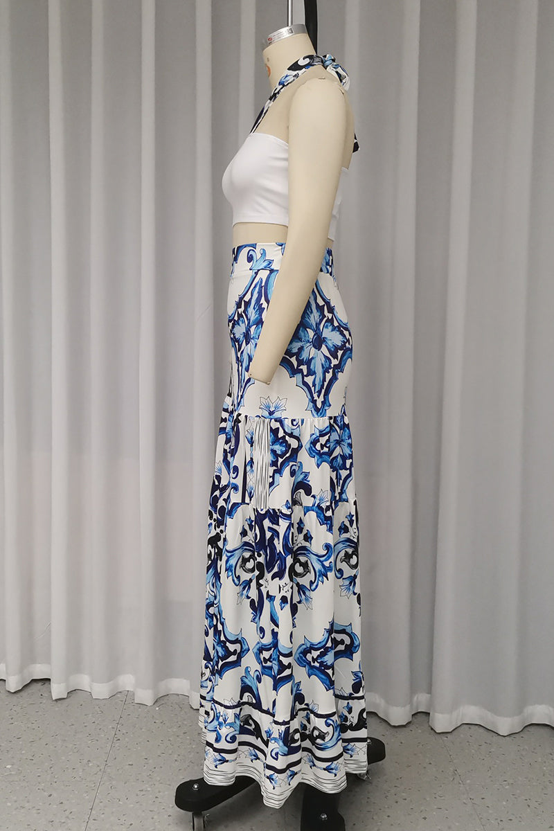 Vacation Print Lace Up Patchwork Ruffle Halter Sleeveless Two Pieces