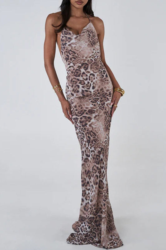 Leopard Print Patchwork Backless Strap Design Halter Long Dresses
