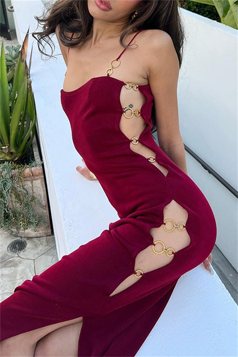 Hollow Out Slit Spaghetti Strap Long Dresses