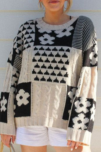 Colorblock Flowers Weave Contrast O Neck Sweaters
