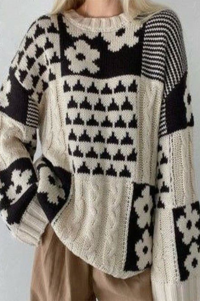 Colorblock Flowers Weave Contrast O Neck Sweaters