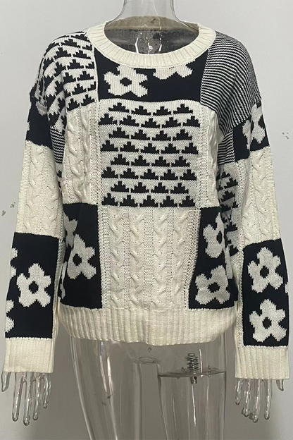 Colorblock Flowers Weave Contrast O Neck Sweaters
