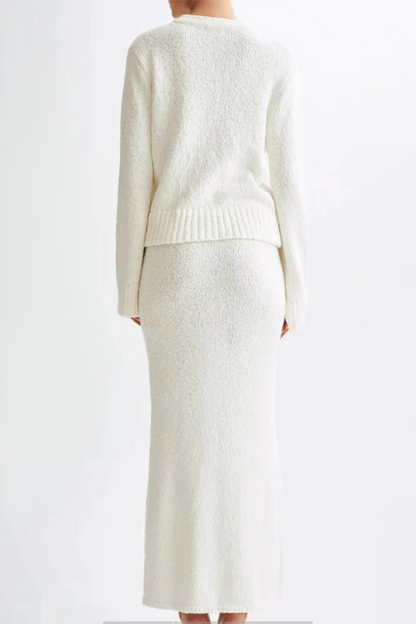 Buttons Weave O Neck Long Sleeve Two Pieces
