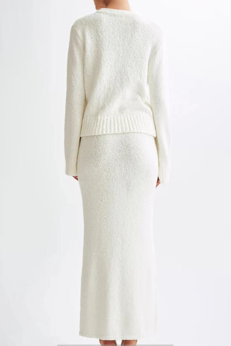 Buttons Weave O Neck Long Sleeve Two Pieces