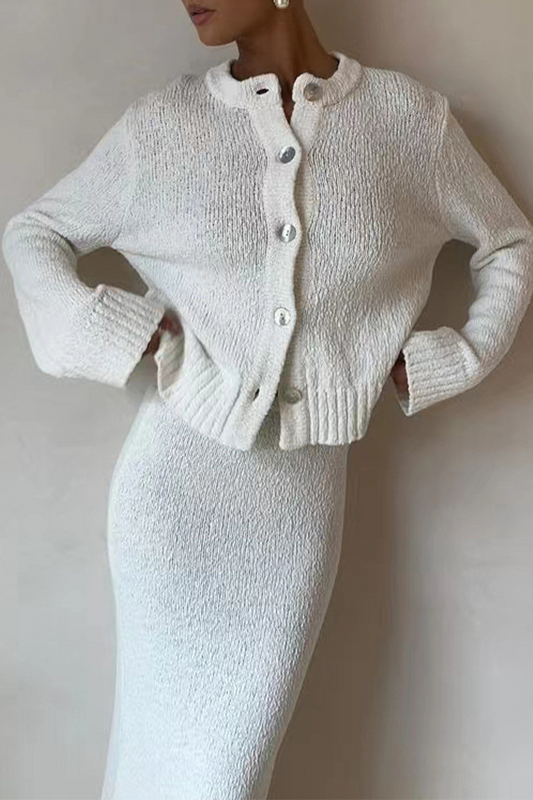 Buttons Weave O Neck Long Sleeve Two Pieces