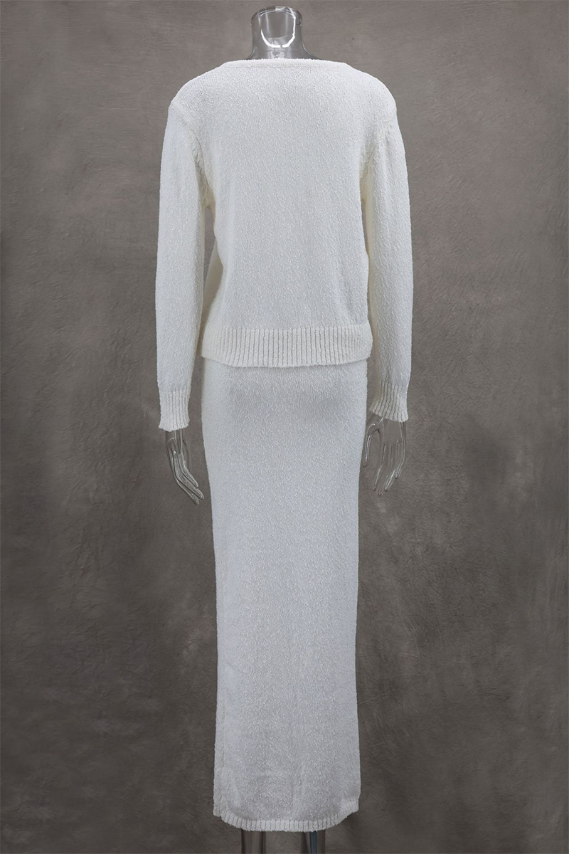 Buttons Weave O Neck Long Sleeve Two Pieces