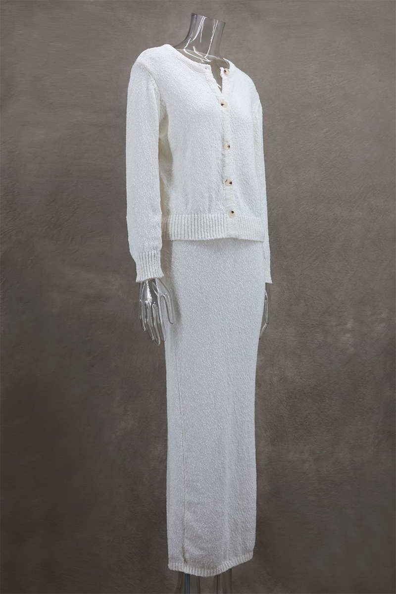 Buttons Weave O Neck Long Sleeve Two Pieces