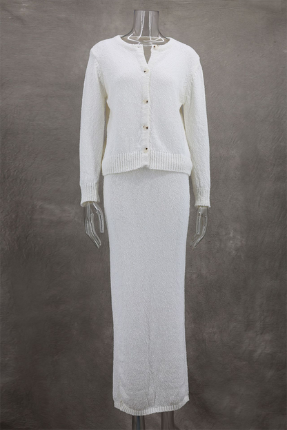Buttons Weave O Neck Long Sleeve Two Pieces