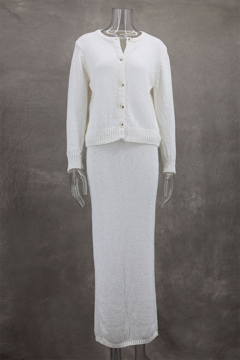Buttons Weave O Neck Long Sleeve Two Pieces