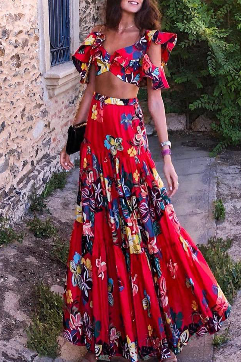 Vacation Print Ruffle V Neck Long Dresses