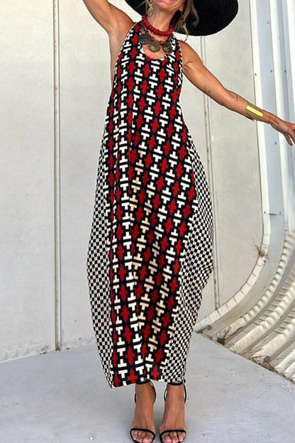 Print Backless U Neck Long Dresses