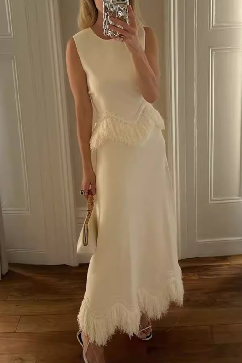 Celebrities Fringed Trim O Neck Sleeveless Two Pieces