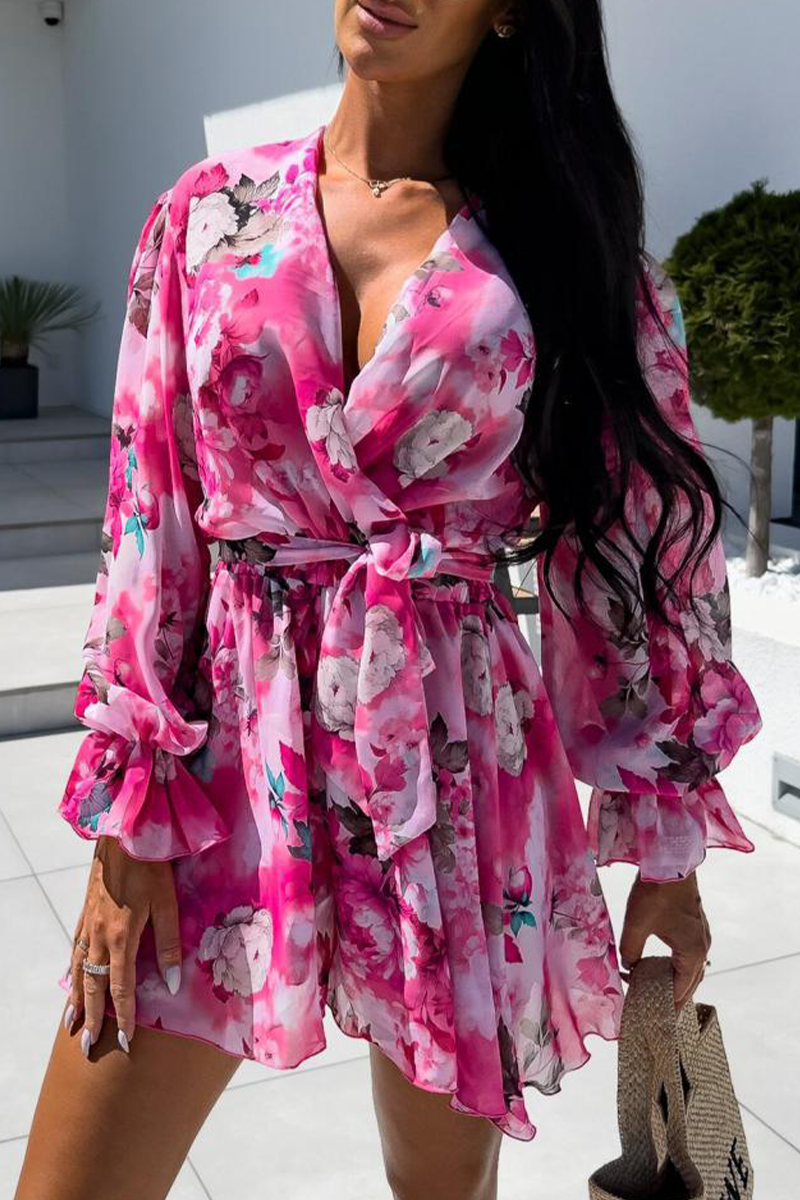 Vacation Zebra Print Flowers Lace Up Contrast V Neck Loose Rompers(3 Colors)