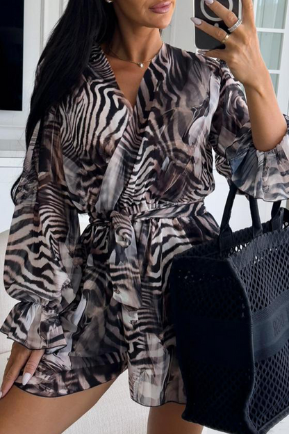 Vacation Zebra Print Flowers Lace Up Contrast V Neck Loose Rompers(3 Colors)