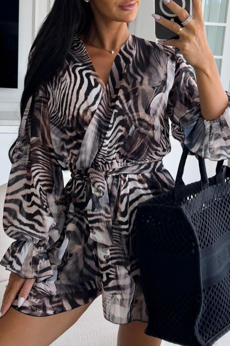 Vacation Zebra Print Flowers Lace Up Contrast V Neck Loose Rompers(3 Colors)