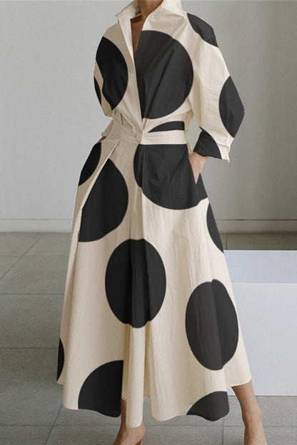 Print Buttons Turndown Collar Long Dresses