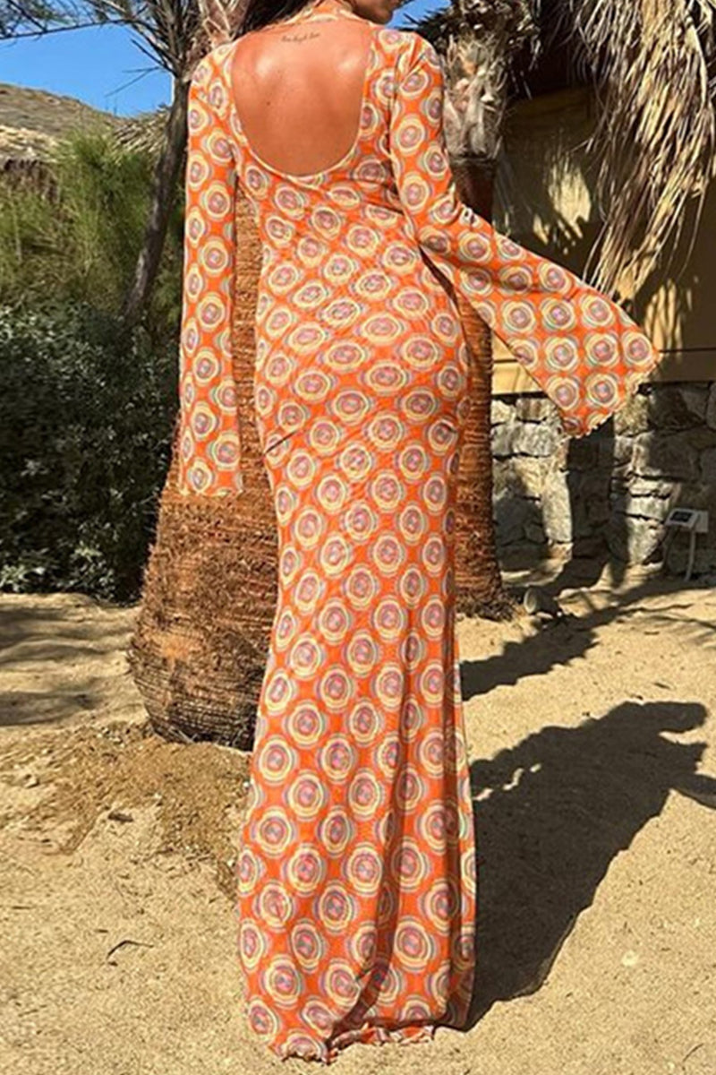 Print Patchwork Backless O Neck Long Dresses