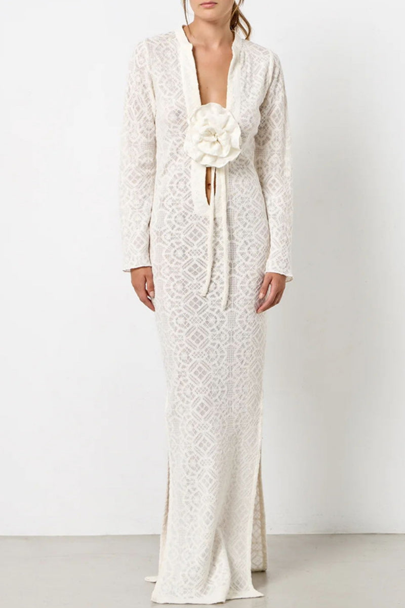 Flowers Slit V Neck Long Dresses