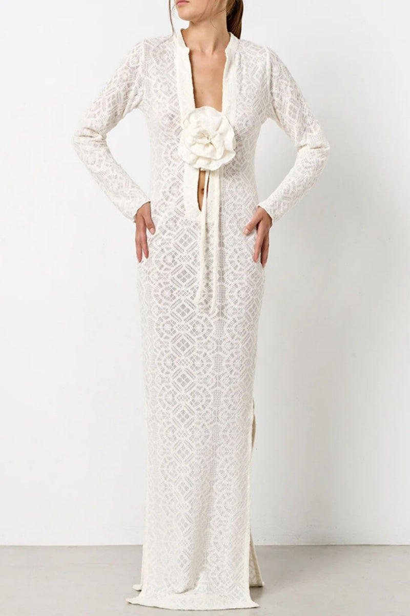 Flowers Slit V Neck Long Dresses
