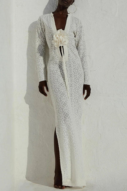 Flowers Slit V Neck Long Dresses