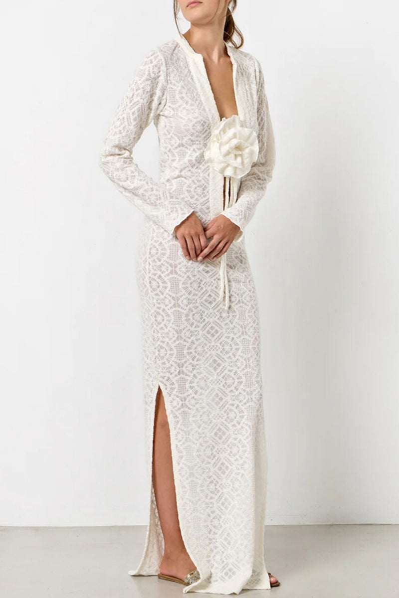 Flowers Slit V Neck Long Dresses