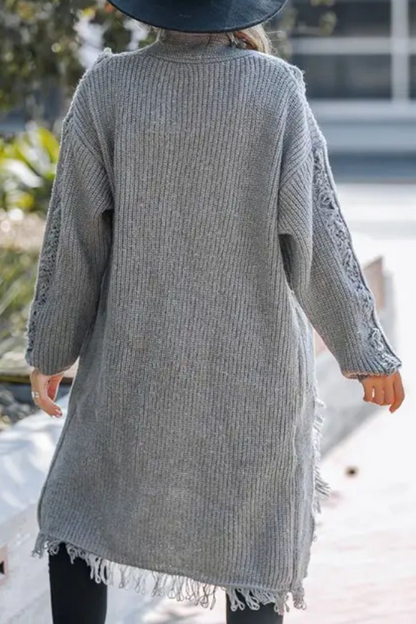 Fringed Trim Weave Cardigan Collar Outerwear