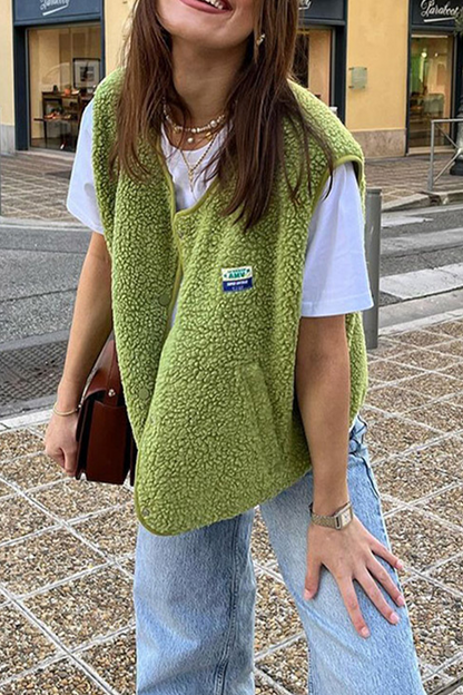 Street Pocket Buttons Fluffy O Neck Waistcoats(3 Colors)