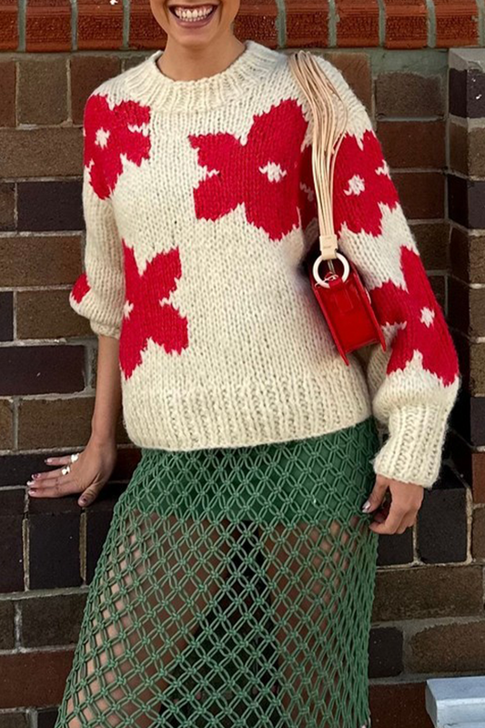 Street Flowers Weave Contrast O Neck Sweaters