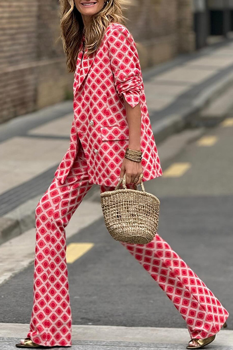 Street Geometric Print Buttons Turn-back Collar Long Sleeve Two Pieces