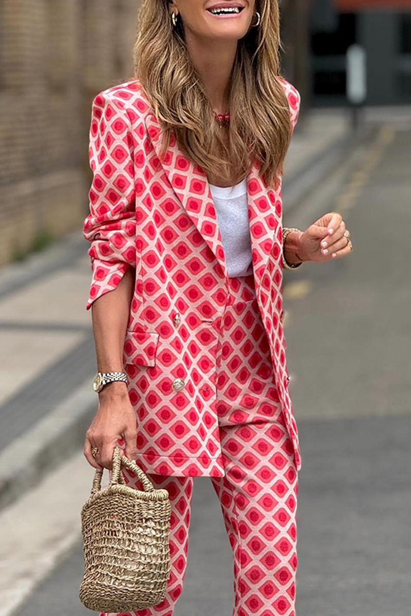 Street Geometric Print Buttons Turn-back Collar Long Sleeve Two Pieces