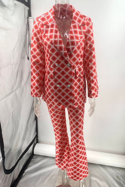 Street Geometric Print Buttons Turn-back Collar Long Sleeve Two Pieces