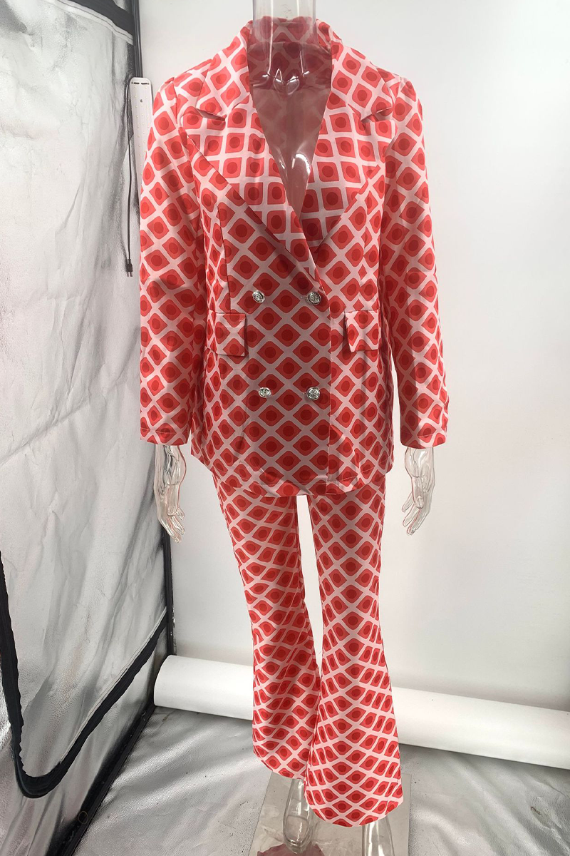 Street Geometric Print Buttons Turn-back Collar Long Sleeve Two Pieces
