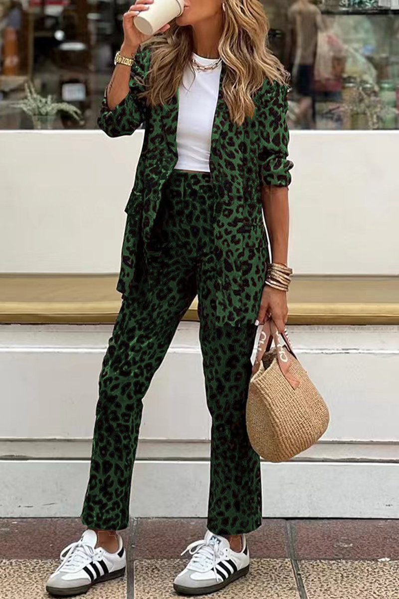 Street Leopard Pocket Turn-back Collar Long Sleeve Two Pieces