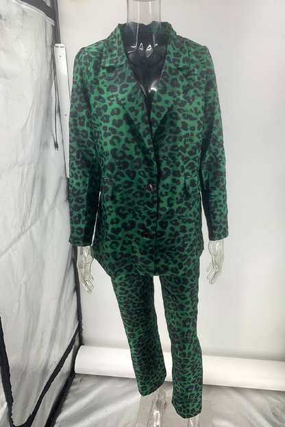 Street Leopard Pocket Turn-back Collar Long Sleeve Two Pieces