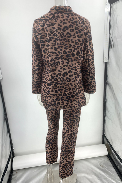 Street Leopard Pocket Turn-back Collar Long Sleeve Two Pieces