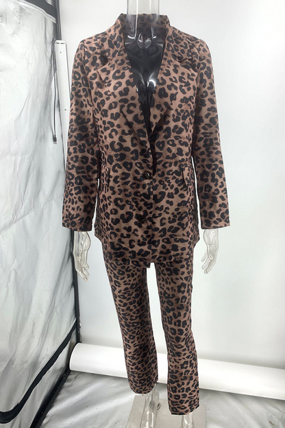 Street Leopard Pocket Turn-back Collar Long Sleeve Two Pieces