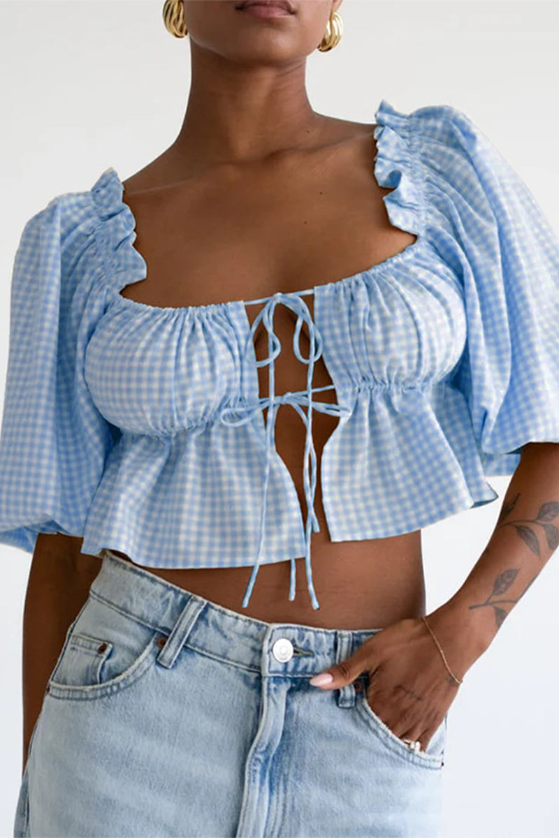 Daily Plaid Lace Up Patchwork Blouses
