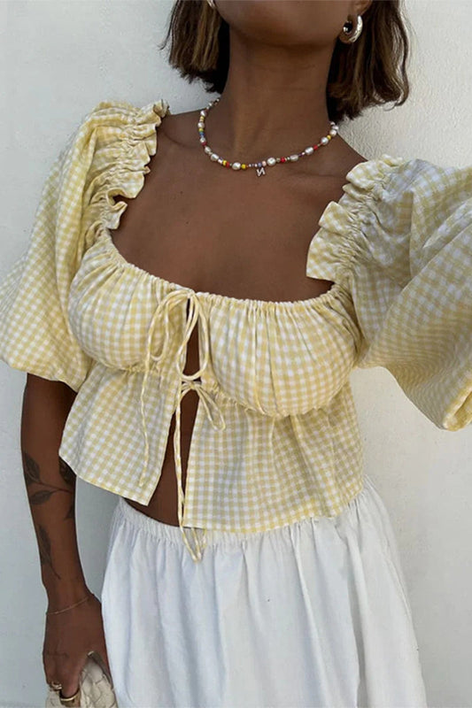 Daily Plaid Lace Up Patchwork Blouses
