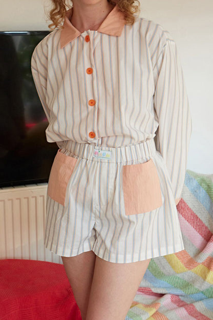 Daily Stripe Patchwork Contrast Turndown Collar Long Sleeve Two Pieces