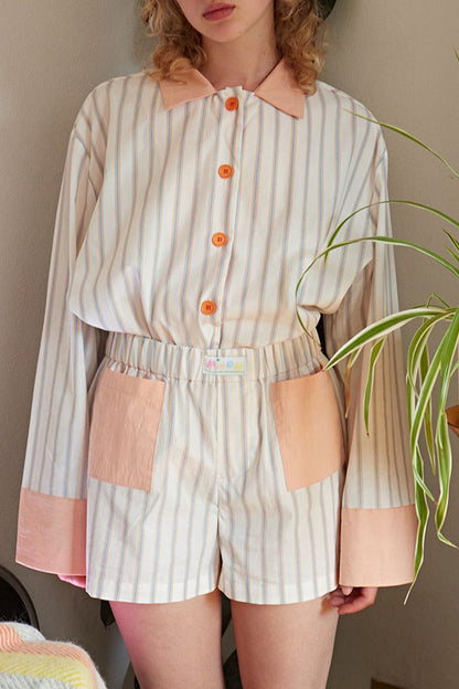 Daily Stripe Patchwork Contrast Turndown Collar Long Sleeve Two Pieces