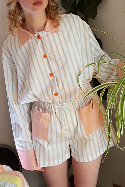 Daily Stripe Patchwork Contrast Turndown Collar Long Sleeve Two Pieces